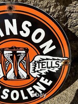 Vintage Johnson Gasoline Sign Time Tells Gas Oil Pump Plate Porcelain Sign