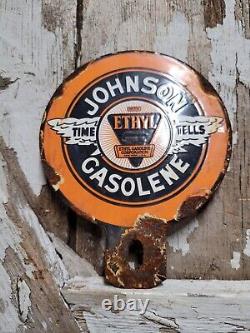 Vintage Johnson Porcelain Gas Sign Plate Tag Topper Lubester Ethyl Gasolene