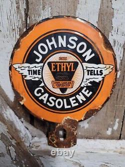 Vintage Johnson Porcelain Gas Sign Plate Tag Topper Lubester Ethyl Gasolene