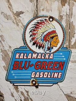 Vintage Kalamalka Porcelain Sign Blu-green Gasoline Service Station Indian Chief