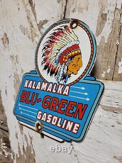 Vintage Kalamalka Porcelain Sign Blu-green Gasoline Service Station Indian Chief