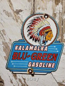 Vintage Kalamalka Porcelain Sign Blu-green Gasoline Service Station Indian Chief
