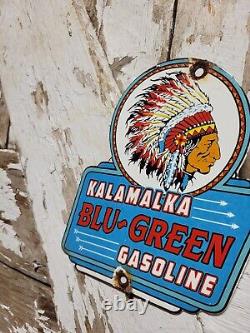 Vintage Kalamalka Porcelain Sign Blu-green Gasoline Service Station Indian Chief