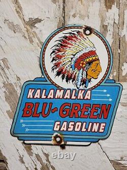 Vintage Kalamalka Porcelain Sign Blu-green Gasoline Service Station Indian Chief