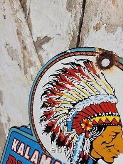 Vintage Kalamalka Porcelain Sign Blu-green Gasoline Service Station Indian Chief
