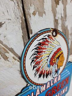 Vintage Kalamalka Porcelain Sign Blu-green Gasoline Service Station Indian Chief