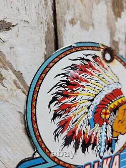 Vintage Kalamalka Porcelain Sign Blu-green Gasoline Service Station Indian Chief
