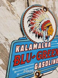 Vintage Kalamalka Porcelain Sign Blu-green Gasoline Service Station Indian Chief