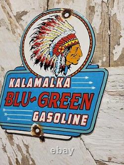 Vintage Kalamalka Porcelain Sign Blu-green Gasoline Service Station Indian Chief