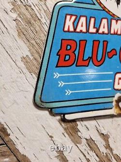 Vintage Kalamalka Porcelain Sign Blu-green Gasoline Service Station Indian Chief
