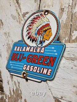 Vintage Kalamalka Porcelain Sign Blu-green Gasoline Service Station Indian Chief