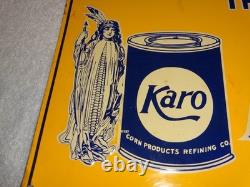 Vintage Karo Corn Products Indian Maiden 17.5 Embossed Metal Gasoline Oil Sign