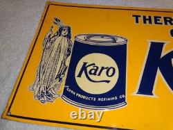 Vintage Karo Corn Products Indian Maiden 17.5 Embossed Metal Gasoline Oil Sign