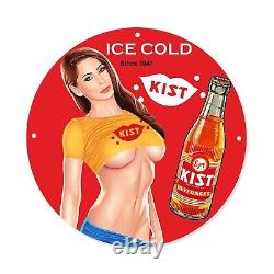 Vintage Kist Ice Cold Soft Drink Bottles Pinup Girl Porcelain Enamel Sign