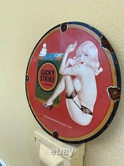Vintage LUCKY STRIKE Porcelain Sign Cigarette Tobacco Smoke Gas Oil Garage RARE