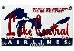Vintage Lake Central Airlines Porcelain Sign Great Lakes Midwest Airplane Hangar