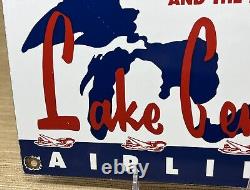 Vintage Lake Central Airlines Porcelain Sign Great Lakes Midwest Airplane Hangar