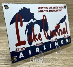 Vintage Lake Central Airlines Porcelain Sign Great Lakes Midwest Airplane Hangar