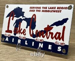 Vintage Lake Central Airlines Porcelain Sign Great Lakes Midwest Airplane Hangar