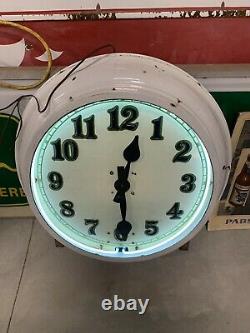 Vintage Large Porcelain NEON Shop Clock GAS OIL SODA COLA 29 x 29 x 7 STORE