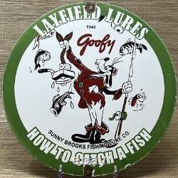 Vintage Layfield Fishing Lures Porcelain Sign Gas Oil Disney Goofy Penn Rapala