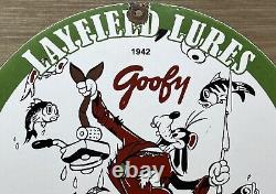 Vintage Layfield Fishing Lures Porcelain Sign Gas Oil Disney Goofy Penn Rapala