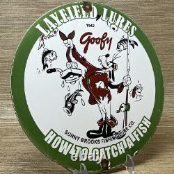 Vintage Layfield Fishing Lures Porcelain Sign Gas Oil Disney Goofy Penn Rapala