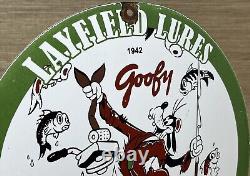 Vintage Layfield Fishing Lures Porcelain Sign Gas Oil Disney Goofy Penn Rapala