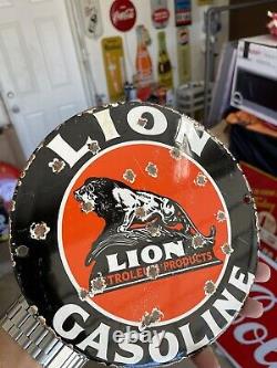 Vintage Lion Gasoline Porcelain Gas Pin Up Airplane Service Aviation Sign