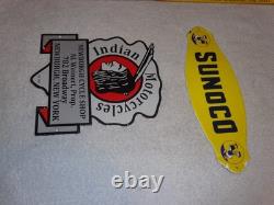 Vintage Lot 2 Diecut Porcelain Sunoco Donald Duck Indian Motorcycle Gas Oil Sign