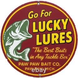 Vintage Lucky Lures Porcelain Sign Paw Paw Bait Co Rapala Fishing Gas Oil
