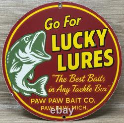 Vintage Lucky Lures Porcelain Sign Paw Paw Bait Co Rapala Fishing Gas Oil