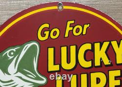 Vintage Lucky Lures Porcelain Sign Paw Paw Bait Co Rapala Fishing Gas Oil