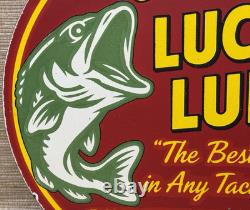 Vintage Lucky Lures Porcelain Sign Paw Paw Bait Co Rapala Fishing Gas Oil