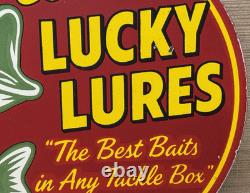 Vintage Lucky Lures Porcelain Sign Paw Paw Bait Co Rapala Fishing Gas Oil