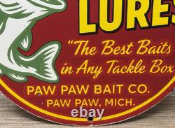 Vintage Lucky Lures Porcelain Sign Paw Paw Bait Co Rapala Fishing Gas Oil