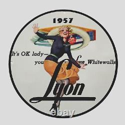 Vintage Lyon Whitewalls 1957 Oil Porcelain Gas Pump Sign