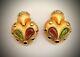 Vintage Maresca Signed Earrings Matte Gold Cabochon Gripoix Green Red Colors