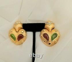 Vintage MARESCA signed earrings Matte Gold Cabochon Gripoix green red colors