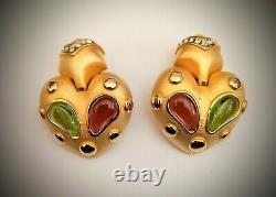Vintage MARESCA signed earrings Matte Gold Cabochon Gripoix green red colors