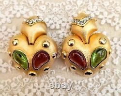 Vintage MARESCA signed earrings Matte Gold Cabochon Gripoix green red colors