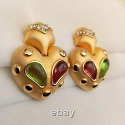 Vintage MARESCA signed earrings Matte Gold Cabochon Gripoix green red colors