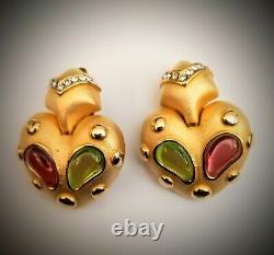 Vintage MARESCA signed earrings Matte Gold Cabochon Gripoix green red colors