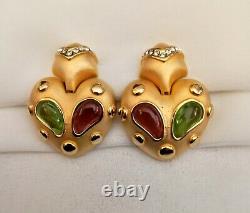 Vintage MARESCA signed earrings Matte Gold Cabochon Gripoix green red colors