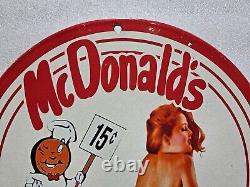 Vintage MC Donald's Porcelain Pinup Girl Gas Oil Garage Service Pump Plate Sign