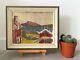 Vintage Mid Century Modernist Swedish Abstract Framed Oil Painting Red House