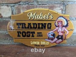 Vintage Mabel's Trading Post Sporting Goods Store Porcelain Sign Indian 12 X 7