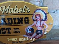 Vintage Mabel's Trading Post Sporting Goods Store Porcelain Sign Indian 12 X 7