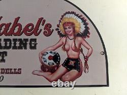 Vintage Mabel's Trading Post Sporting Goods Store Porcelain Sign USA Indian Die