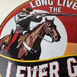 Vintage Marlin Firearms Sign Long Live Lever Gun Advertise Gas Porcelain Sign
